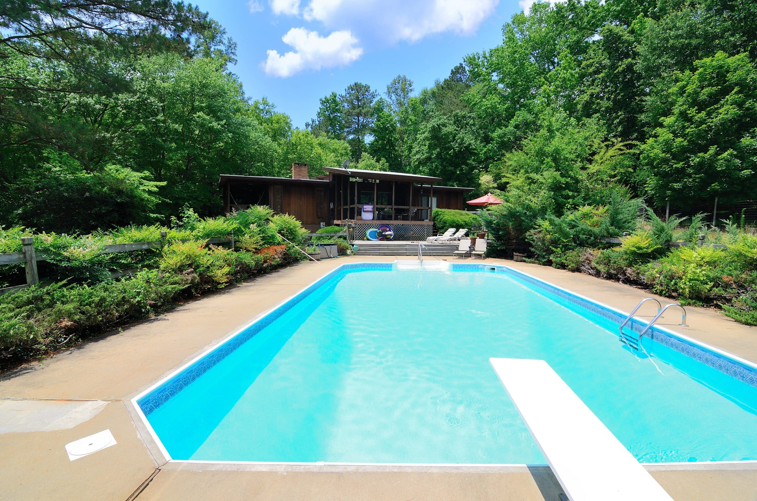 Piscine devant maison entourée de végétation