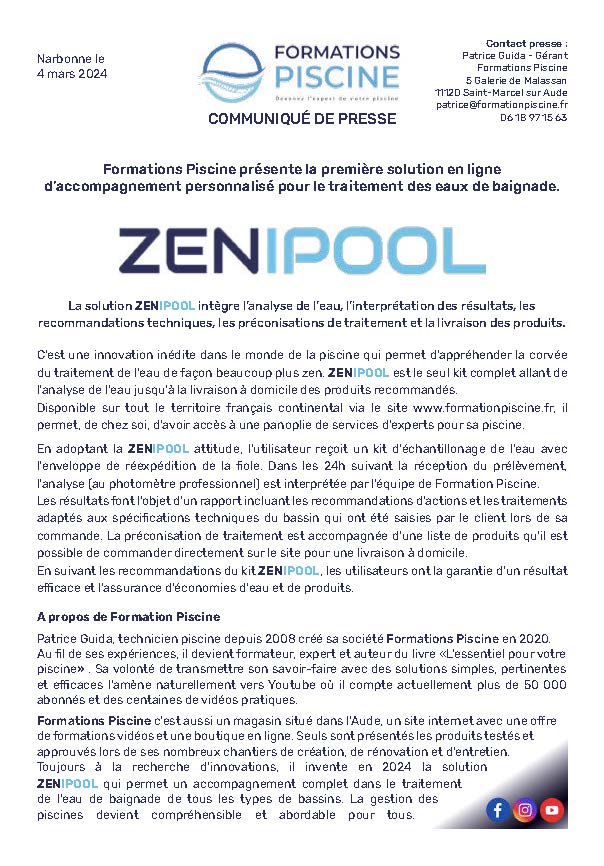 Communiqué de presse ZENIPOOL