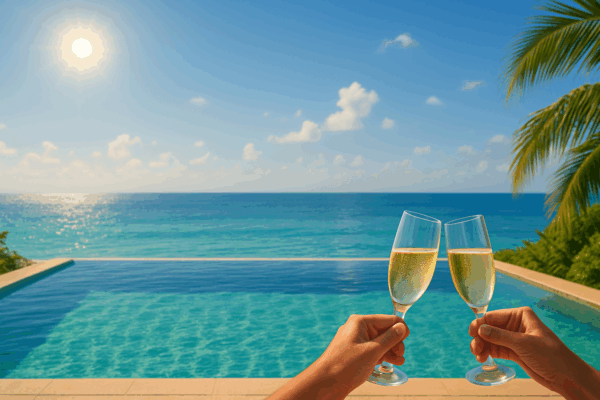 Deux mains trinquent avec des verres de champagne devant une piscine à débordement turquoise sous un ciel bleu ensoleillé – formationpiscine.fr