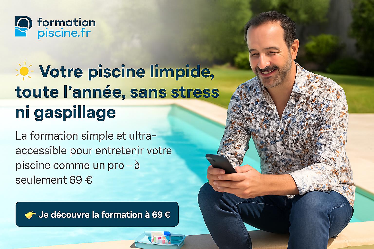 Homme souriant au bord d’une piscine avec smartphone, représentant la formation entretien piscine à 69 euros