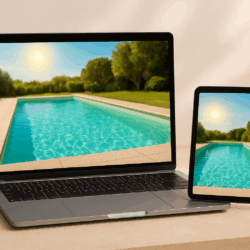 Ordinateur portable et tablette affichant une piscine limpide sous le soleil, symbolisant le pack de formation à 69 € TTC pour l’entretien piscine