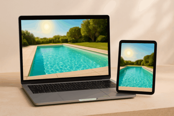 Ordinateur portable et tablette affichant une piscine limpide sous le soleil, symbolisant le pack de formation à 69 € TTC pour l’entretien piscine